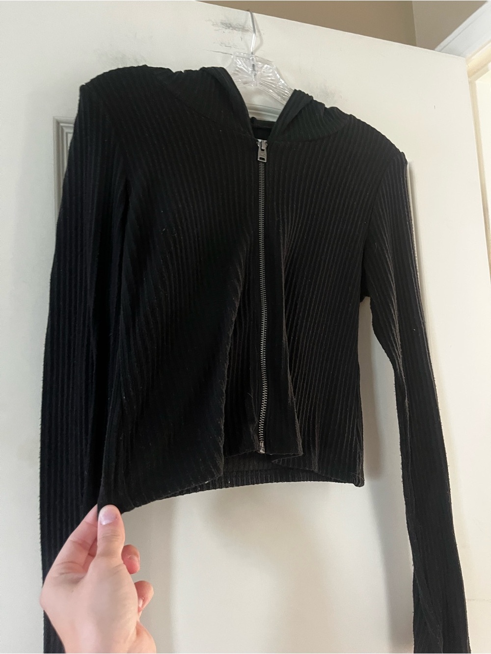 Hollister Black Ribbed Zip-Up Hoodie Jacket Lightweight Juniors Size Medium
